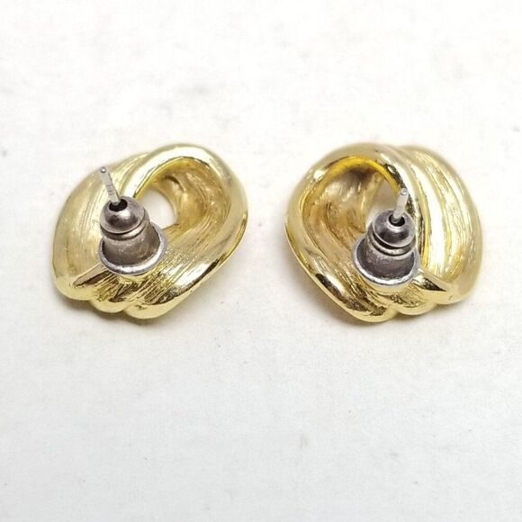 Vintage Simple Gold Tone Oval Shape Stud Earrings, Tube Illusion Design, Estate - Picture 2 of 5